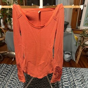 Free People Coral Long Sleeve Top with Embroidered Cuffs